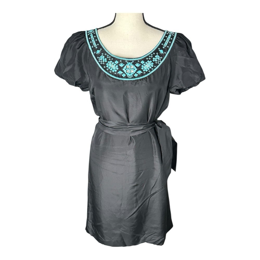 Tory‎ Burch Lottie Size 6 Black Turquoise Embroidered Silk Tie Belt Shift Dress